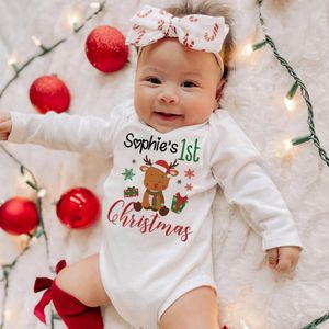 Rompers Babys İlk Noel Sıkı Kişiselleştirilmiş Özelleştirme Adı Body Bodysuit Erkek ve Kızlar Uzun Kollu Giyim Partisi Bebek 231115