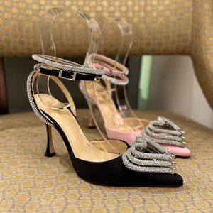 Mach Satin Love shaped Pumps shoes Crystal Embellished rhinestone Evening shoes stiletto Heels sandals women heeled Luxury Designers ankle strap Dress shoe