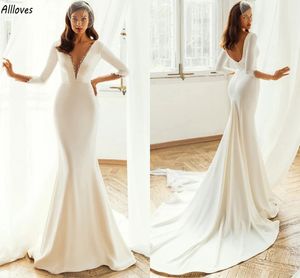 Mermaid Wedding Ivory Simple Dresses Deep V Neck Sequins Long Sleeves Boho Garden Bridal Gowns Sexy Backless Sweep Train Bride Reception Dress Robes De Mariee