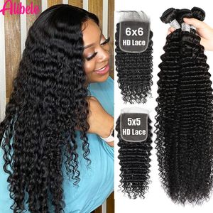 Syntetiska peruker 6x6 5x5 HD spetsstängning med buntar Deep Wave Brasilian Remy Curly Hair Weave Laceclosure 231115