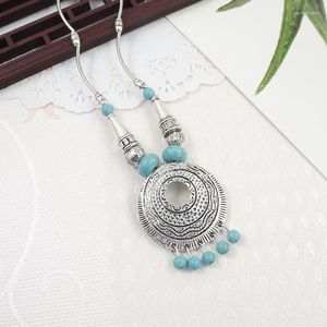 Anhänger Halsketten Vintage Silber Farbe Geometrisches Muster Halsband Halskette Für Frauen Tibetischen Schmuck Ethnische Türkise Stein Quaste 2023