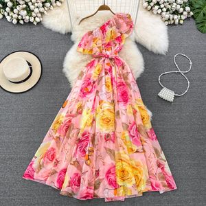 2023 الفساتين غير الرسمية Ewest Summer Bow Tie Tielique Runway Dression Design Dress Women One Counter Hounder Flower Print Beach Boho Vestidos