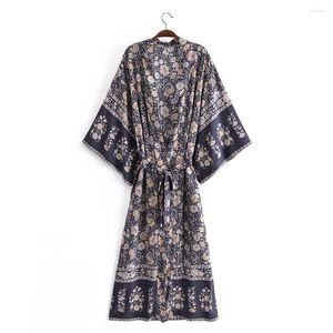 Women's Blouses Spring And Summer Women's Retro Kimono Long-sleeved Flower Print Shirt Top