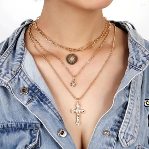 Colares Pingente Boho Vintage Multinível Eye Disc Jesus Cruz Colar Para Mulheres Moda Gargantilha Cor De Ouro Cristal Sun Chain Jóias