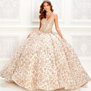 Ouro brilhante mexicano quinceanera vestido 2024 vestido de baile apliques arco miçangas espartilho vestidos de 15 anos vestidos femininos de baile