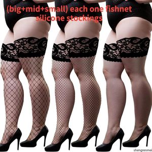 Mulheres meias 3 pares de meias da coxa feminina Big Mid Small Fishnet sobre o joelho estocando sexy lace top stay-up não deslizamento silicone