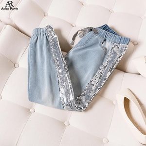 Women's Jeans Woman Mid Waist Plus Size Drawstring Side Sequins Loose Street Style Mom Ankle-length Harem Pants 4XL 5XL