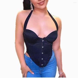 Camisoles tankar 2023 satin mode sexig breasted korsett toppar kvinnor klubbfest ärmlös rygglös halter beskuren feminino klädsel sommar