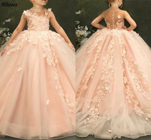 Pretty Flower Girl Dresses Floral Lace Appliuqed O-neck Little Girl's Pageant Party Gowns Puffy Skirt Princess Toddler Formal Birthday First Communion Dress CL2926