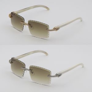 Luxury Moissanite Diamond Set Rimless Sunglasses 3524012A Big Stones Diamond Sun glasses Original White Genuine Natural Horn Men Women Diamond cut Square Lens New