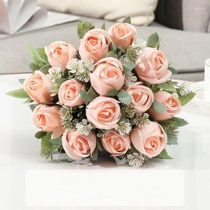 Decorative Flowers Artificial Roses Bouquet Fake Home Decor Simulation Silk Champagne Powder Flower Rose Bud Balcony Decoration Green Plant