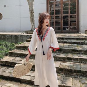 Abiti casual Gonna lunga stile bohémien Vacanza Thailandia Nepal Diviso Maniche volanti Frange Pelliccia Cuciture Scollo a V Grandi dimensioni Slim Dres