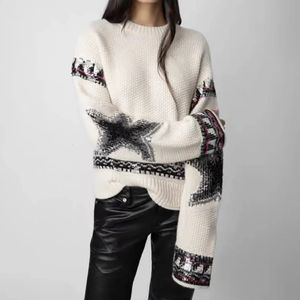 Kadın Sweaters Zessam Mektubu Jakard Knape Kadın Kazak Uzun Kollu Gevşek Kadın Külkü Klasik Retro Lady Top 231115