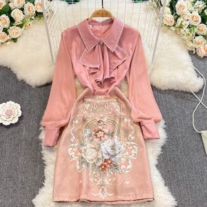 Casual Dresses High Quality Fashion Pink Women's Dress Elegant Spring Flower Embroidery Ruffles Peter Pan Collar Bodycon Party Vestidos 2023