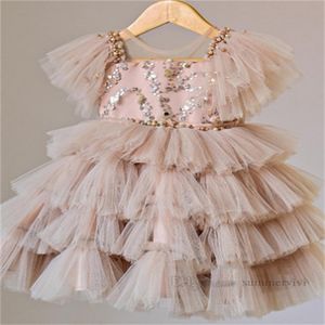 Girls sequins tiered lace tulle cake dresses Ball Gown kids beaded gauze falbala fly sleeve princess dress children birthday party clothes Z5430