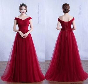 Elegant Burgundy Evening Dress 2024 Off Shoulder Pleats Lace Up Floor Length Tulle A-line Formal Prom Party Gowns Robe De Soiree