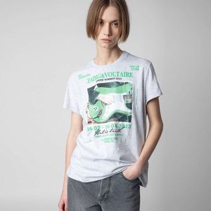 23 Summer Women's T-Shirt Zadig Voltaire green guitar Shirts white ink digital print women's round neck cotton short sleeved T-shirt