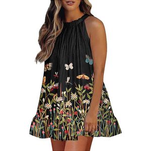 Casual klänningar röd sundress kvinnor elegant blommig tryck halter hals ärmlös tank rufsar trim klänning hög låg cocktail skater klänning casual