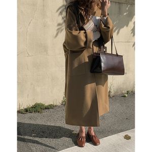 Pelliccia da donna finta Corea Autunno e inverno Cappotto di lana da donna Cintura XL lunga allacciata allentata Giacca cappotto di lana 100 double face grigio nero 231114