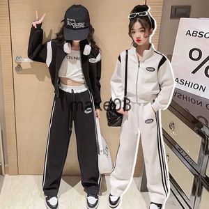 Conjuntos de roupas primavera outono meninas contraste listrado completo zip moletom jaqueta + cordão sweatpant escola crianças tracksuit criança outfit 5-16yrs j231020