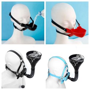 Brinquedos adultos Fetiche Funil Higiênico Boca Aberta Máscara de Mordaça Capa PU Couro BDSM Funil Oral Enema Drool Plug Gag Head Harness Bondage Adulto Jogo 231115