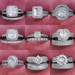 Band Rings Luxury Silver Color Luxury Big Wedding Rings Set for Bridal Women Engagement Finger Party Gift Designer Jewelry R4428 231114