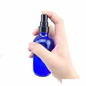 Garrafas de embalagem atacado 120ml vazio recarregável misters 4 oz cobalto azul garrafa de spray de vidro com bomba de pulverizador de névoa fina para essenciais o dhurs