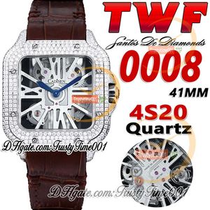 TWF TWE0008 Orologio da uomo svizzero al quarzo Ronda 4S20 completamente ghiacciato Lunetta con grandi diamanti Marcatori romani Quadrante scheletrato Cinturino in pelle marrone Super Edition trustytime001Orologi