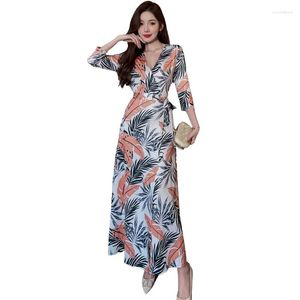 Casual Dresses Lace-Up Slim Waist Korea Women Maxi Wrap Bohemian Beach Elegant Ladies Ankle Length Dress Clothing
