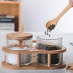 Bottiglie di stoccaggio set di barattoli di stagionatura in vetro Can POT del condimento per container con organizzatori di cucine per cucina a cucchiaio di bambù