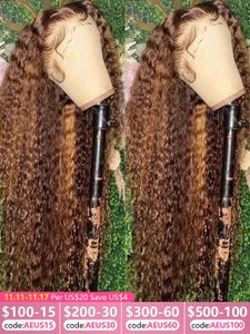 Syntetic S 30 tum Highlight Ombre Spets Front Curly Human Hair 427 Colored Deep Wave Brasilian 13x4 Front 231115