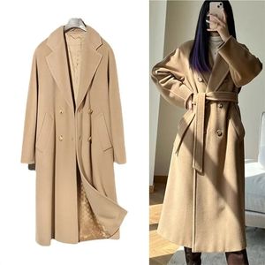 Pele feminina pele sintética 101801 max 90% lã 10% casaco de caxemira feminino médio longo clássico fileira dupla botão casaco de lã 231115