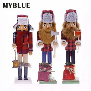 Decorative Objects Figurines 38CM Year Christmas Wooden Nutcrackers Figure MYBLUE Lumberjack Holding Axe Home Decorative Ornaments 231115