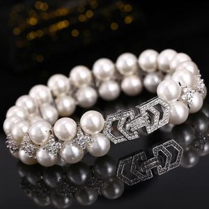 Bangle Natural Pearl Armband AAA Zircon Double Armband 925 Sterling Silver Armband Luxury Wedding Bride Gift Jewelry 231115