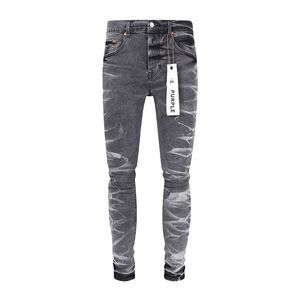 Märke mäns skrynkliga grå modemän lila jeans streetwear rippade långa byxor