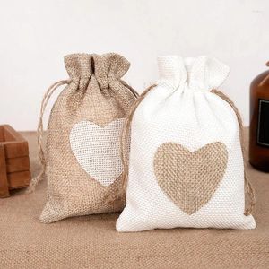 Gift Wrap 10pcs Natural Linen Burlap Bags With Drawstring Jute Love Bag Jewelry Small Pouches Wedding Christmas Packaging Decor