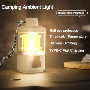 Lanterna de acampamento portátil recarregável LED atmosfera lâmpada multifuncional lanterna de acampamento ao ar livre 3 cores COB pendurado tenda luz de trabalho Q231116