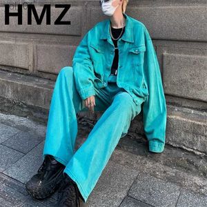 Męskie kurtki HMZ Winter Mrane Y2K Denim Zestaw Mężczyźni Vintage luźne dżinsowe spodnie Hip Hop dżinsy garnituru Autumn High Street Casual Two Pacie