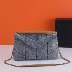 Loulou puffer axelväska med jordnära frostade remmar kvinnor designer denim blå kedja väskor lyxiga crossbody väskor mode plånböcker