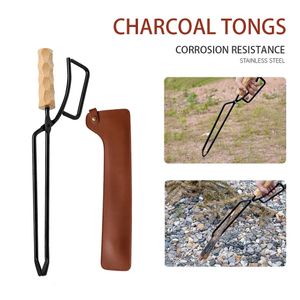 Gadgets ao ar livre ferramentas para churrasco acessórios metal madeira churrasco pinças de fogo alça longa lareira de madeira clipe de carvão portátil leve equipamento de acampamento 231115