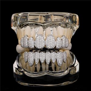 Hip Hop 8 dentes banhados a ouro branco aparelho gelado cheio de dentes de zircônio grelha dentes de vampiro
