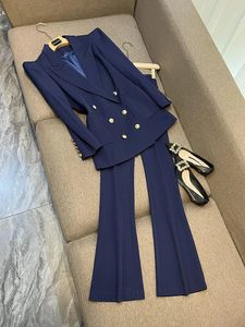 Kvinnors tvåbitar Pants Street Luxurious Design Royal Blue Women Fashion Two Pieces Blazers Set med axelkuddar Personisera Lady Suits 231115