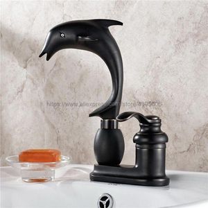 Bathroom Sink Faucets Oil Rubed Black Brass Dolphin Shape Basin Faucet Two Hole Vanity Vessel Sinks Mixer Tap Cold And Water Bnf430