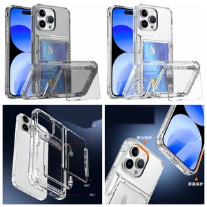 Durchsichtige Kartensteckplatzhalter, stoßfeste Hüllen für iPhone 15 Pro Max 14 Plus 13 12 11 X XS XR 8 7 6 Samsung S23 Ultra Hard PC Kunststoff TPU ID-Kartenfach Transparente Kickstand-Abdeckung