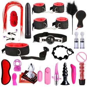 Bondage Bdsm SexLove Set BDSM Kits Adultos Brinquedos Sexuais para Mulheres Homens Algemas Grampos de Mamilo Chicote Spanking Metal Anal Plug Vibrador Butt 231114