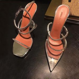 Amina Muaddi Gilda Crystals-Embellish Clear PVC Mules Tallgare Summer Slip On Point Toe High-Heel Silver Leather Sandals Luxury Designers Shoes Party Party