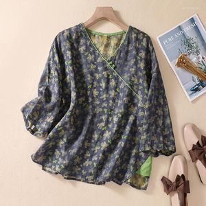 Kvinnors blusar vintage sommar blommor tryckt t shirt kinesisk stil retro v nackknapp dekor toppar kort ärm blus damer kvinnor kläder