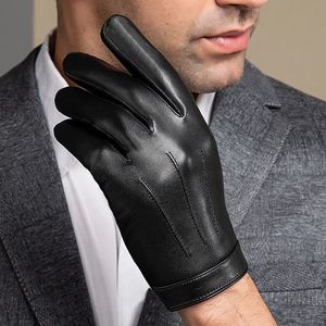 Fem fingrarhandskar Spring Gloves Men Real Leather Gloves Pekskärm Black Real Sheepskin Thin Warm Driving Gloves 231115