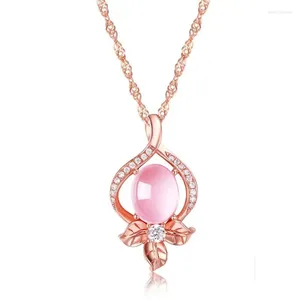 Anhänger Halsketten Ociki Rose Gold Farbe Blume Blatt Ross Quarz CZ Rosa Opal Halskette Colliers Für Frauen Mädchen Geschenk Tropfen schmuck