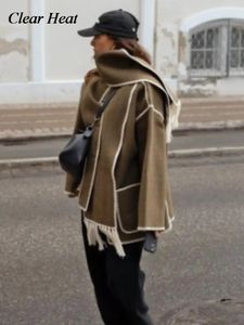 Женское пальто из искусственного меха, элегантное свободное женское пальто с шарфом, модное однобортное женское пальто с длинными рукавами и карманами, осенне-зимняя женская куртка 231115